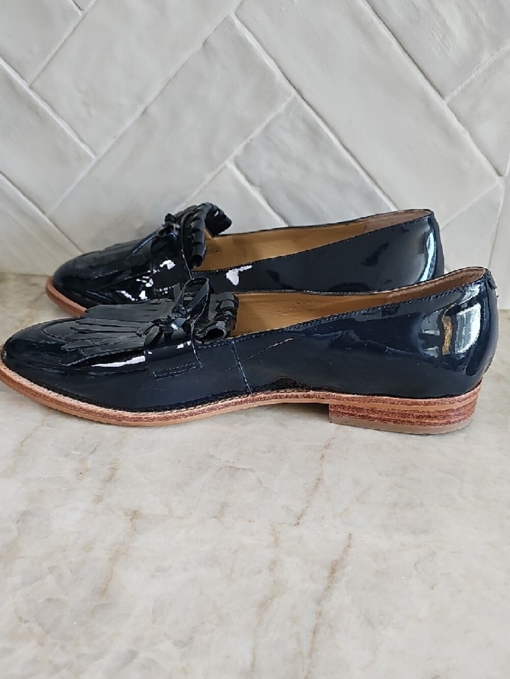 Talbots Navy Patent Leather Kiltie Tie Loafers - Picture 6 of 6